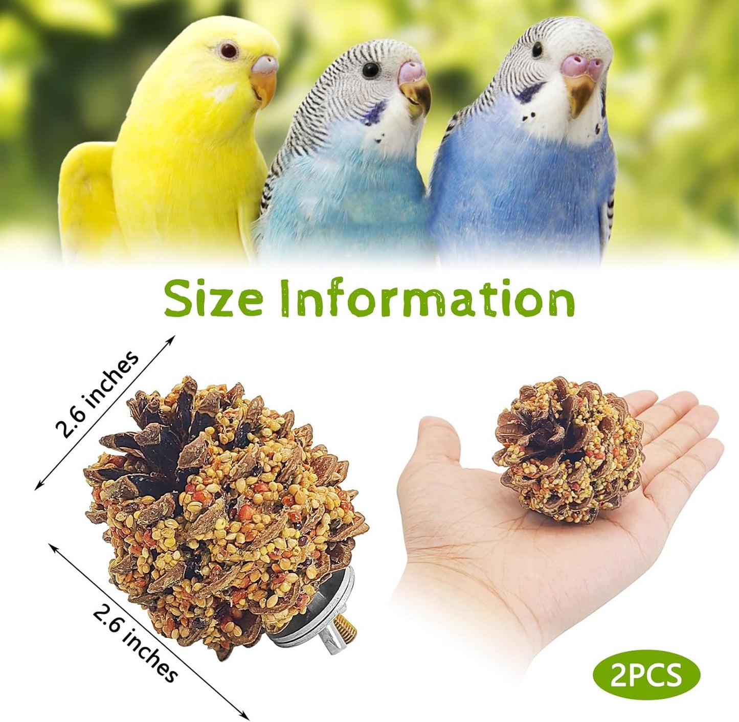 kathson Parakeet Treats, 2 Pcs Pine Cone Bird Chew Toys with Natural Grains, Parrot Snacks Bird Molar Toy Cage Enrichment Foraging Toys for Cockatiels Conures Lovebirds Budgies