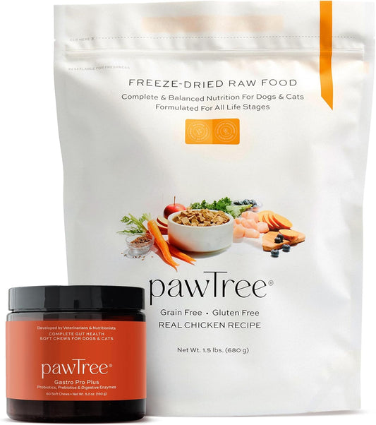 pawTree Bundle for Dogs & Cats – Freeze-Dried Raw Food (1.5 lbs, Chicken) & Gastro Pro Plus (60 ct)– Complete Nutrition & Digestive Support