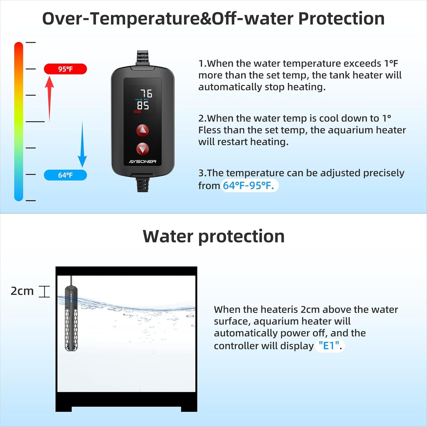 Aysoner Aquarium Heater for Fish Tank: 100W Adjustable Submersible Thermostat with Off-Water Protection & UL Certified Cord for 10-20 Gallons Fish Turtle Tank Enthusiasts