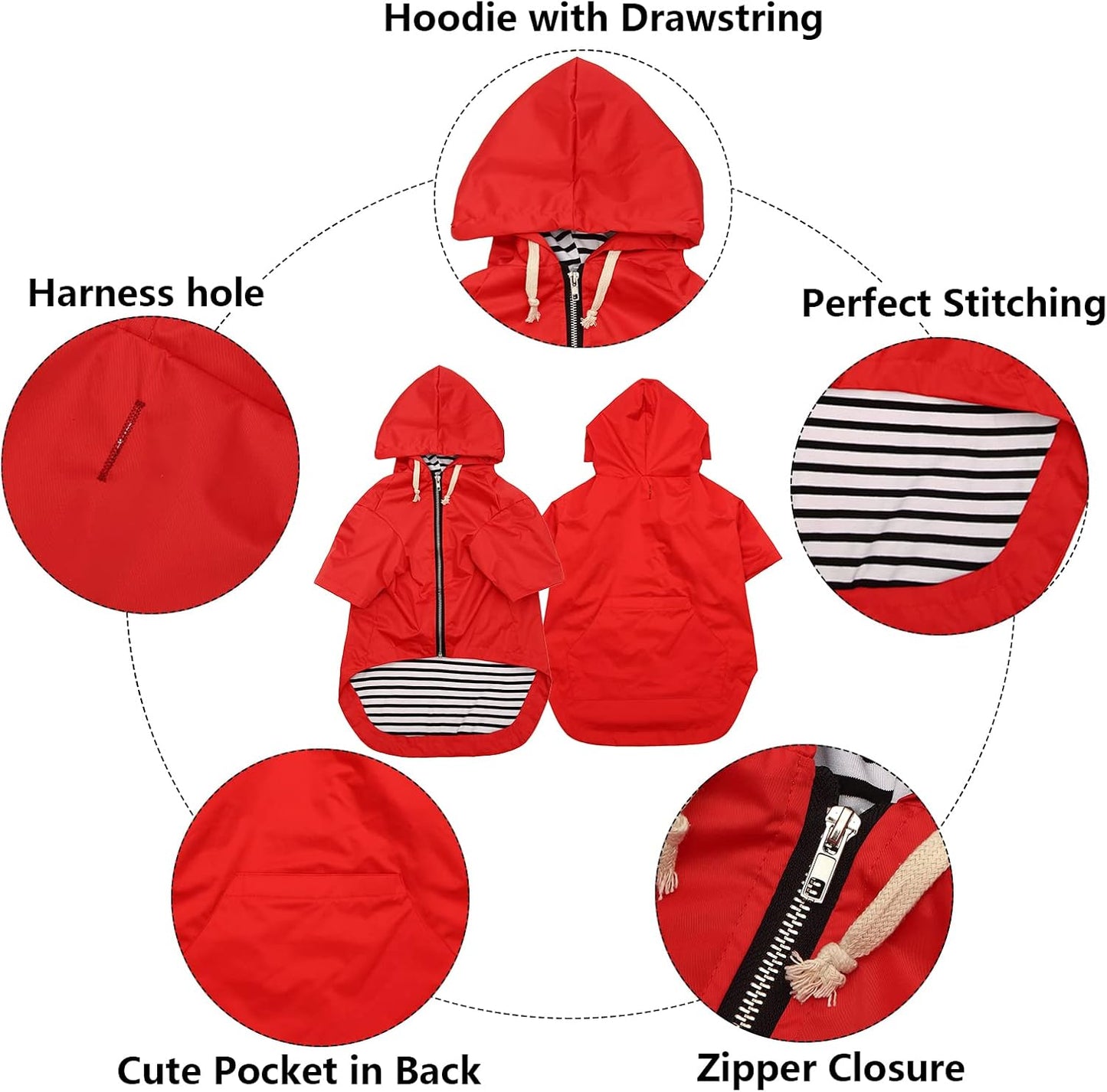 Dog Raincoat rain Jacket Raincoat Dogs Waterproof Small Medium Breeds Zip Closure Storage Pocket Harness Hole Red S