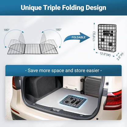 rabbitgoo Dog Car Barrier for SUVs, Adjustable Large Pet Gate, Universal-Fit Divider Cargo Net, Heavy-Duty Wire Mesh Dog Barrier SUV, Van Vehicles Subaru Car Accessories Safety Travel, Triple Folding