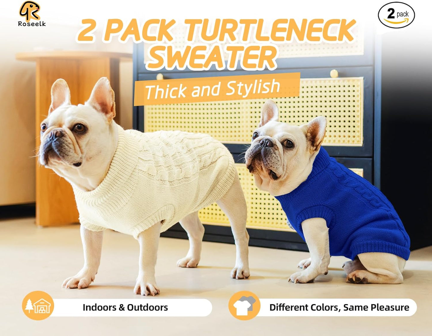 2 Pack Dog Sweaters for Small Dogs - Puppy Medium Warm Clothes in Winter, Turtleneck Pullover Design for Boy Girl Pet, Doggie, Cat, Kitten Chihuahua Bulldog Pug Beagles (S, Blue, Beige)