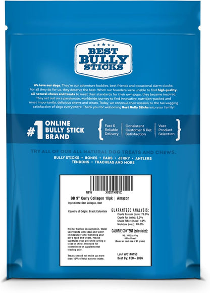 Best Bully Sticks Curly Beef Collagen Sticks - 9 Inch 10 Count (Pack of 1) - Natural, USA Baked and Packed, Easily Digestible, Limited Ingredient, Rawhide Alternative