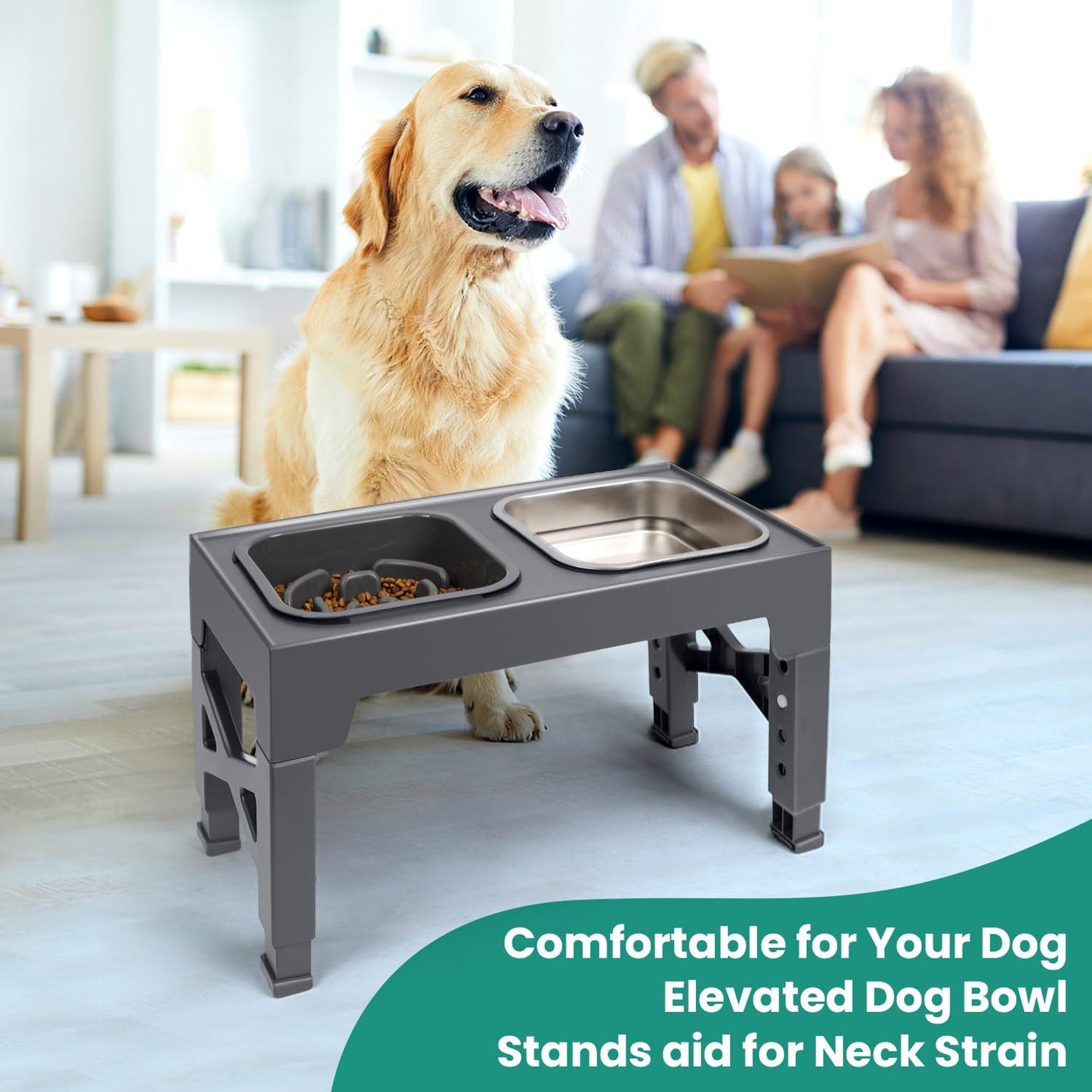 Niubya Elevated Dog Bowls, with Slow Feeder Bowl and Stainless Steel Dog Food Bowl, Raised Dog Bowls Adjusts to 5 Heights (3.15", 8.66", 9.84",11.02", 12.2") for Small Medium and Large Dogs