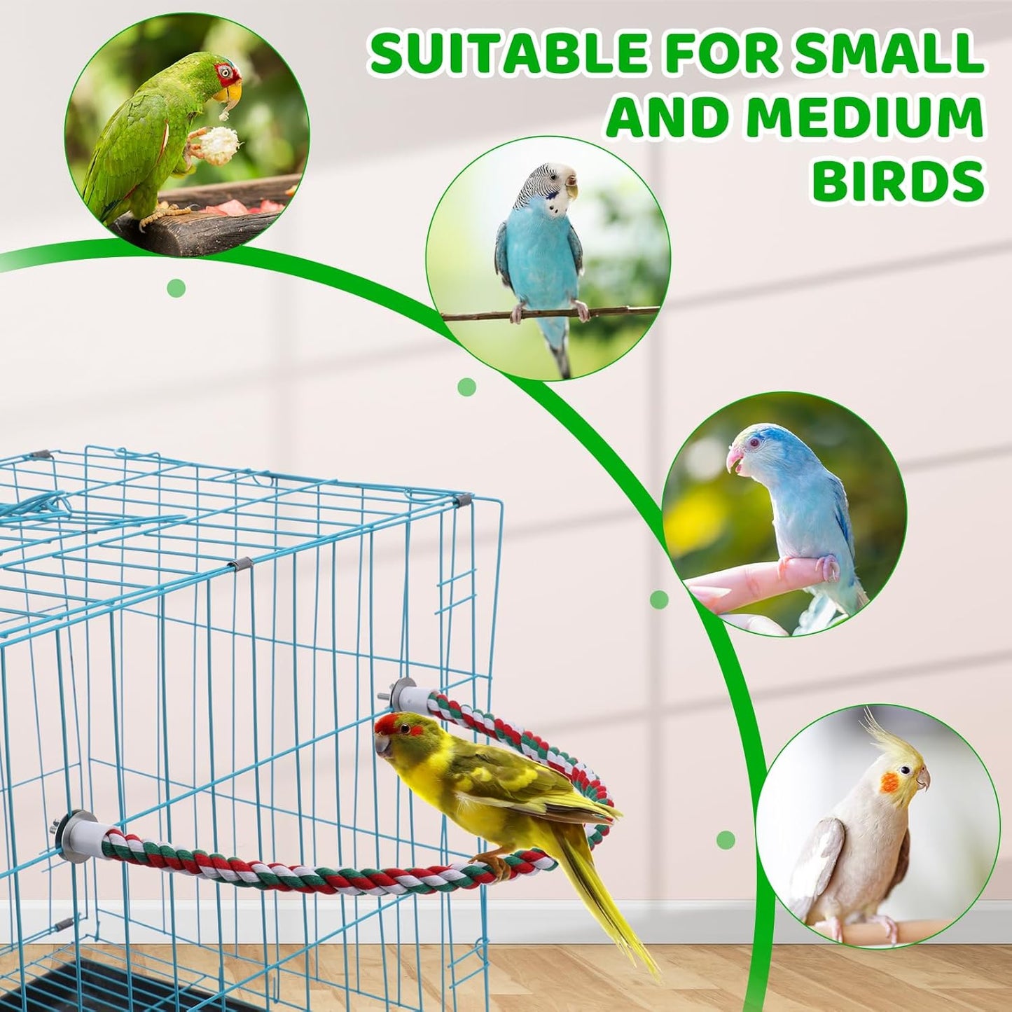 Novabright 6 Pcs Bird Rope Perch Stand Toys U Shape Large Bird Swing Perch Parrot Climbing Standing Cage Accessories for Parakeet, Cockatiel, Budgie, Lovebirds, Parrots
