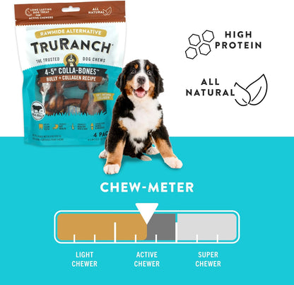 TRURANCH 4-5" Collagen Bones, Bully - Collagen Dog Bones - Long Lasting Healthy Joint Support Dog Treat - Rawhide Alternative - Skin & Coat Health, 1 Bag, 4 Count