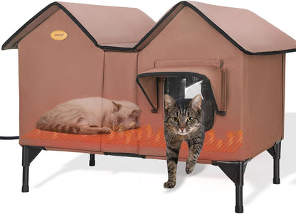 Heated Cat House for Outside Cats in Winter, Extra Large Heated Outdoor Cat House Weatherproof Insulated with Elevated Base & Escape Door, Waterproof Cat Shelter for Multiple Cats Feral Stray Kitty
