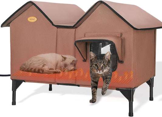 Heated Cat House for Outside Cats in Winter, Extra Large Heated Outdoor Cat House Weatherproof Insulated with Elevated Base & Escape Door, Waterproof Cat Shelter for Multiple Cats Feral Stray Kitty