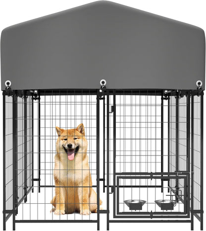 Dog Crate Furniture, Dogs Cage House Kennel - 4.23'x5.82'x4.83' Welded Wire Enclosure, Heavy Duty Dog Crate with UV-Resistant Waterproof Cover, Double Lock & Rotating Feeder,1.8x1.3x1.5mGrey-Met