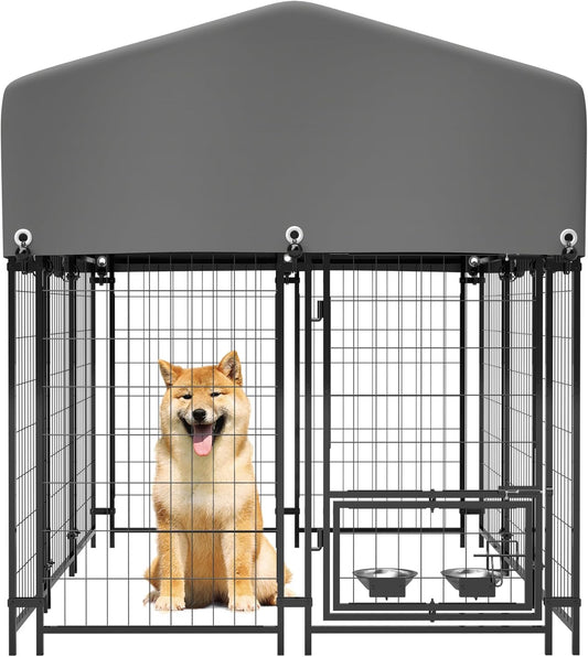 Dog Crate Furniture, Dogs Cage House Kennel - 4.23'x5.82'x4.83' Welded Wire Enclosure, Heavy Duty Dog Crate with UV-Resistant Waterproof Cover, Double Lock & Rotating Feeder,1.8x1.3x1.5mGrey-Met