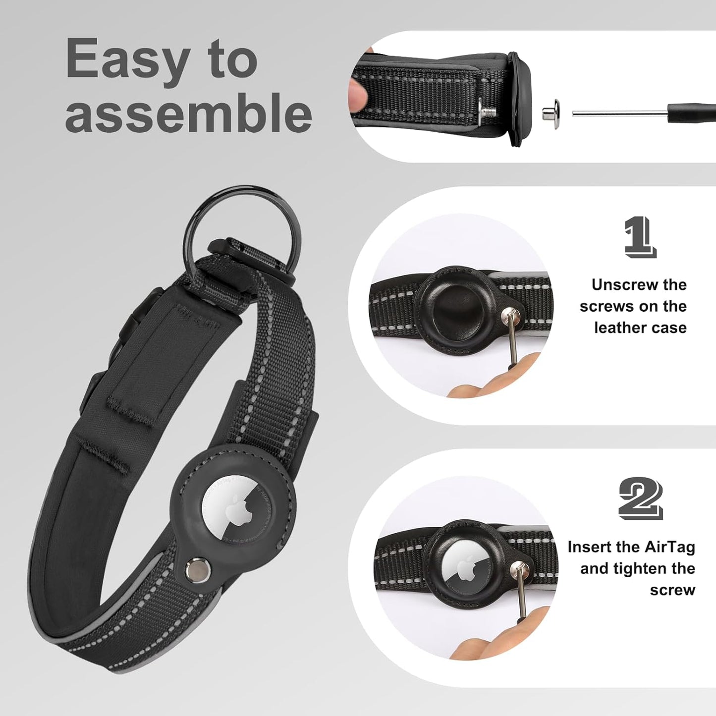 2025 Upgraded AirTag Dog Collar, Leather Dog Collar with AirTag Holder, Adjustable, Breathable, Soft Padded Apple Air Tag Dog Collars for Small Medium Large Dogs, (Black, M)