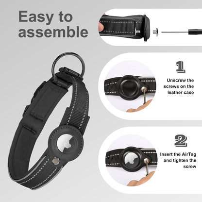 2025 Upgraded AirTag Dog Collar, Leather Dog Collar with AirTag Holder, Adjustable, Breathable, Soft Padded Apple Air Tag Dog Collars for Small Medium Large Dogs, (Black, M)