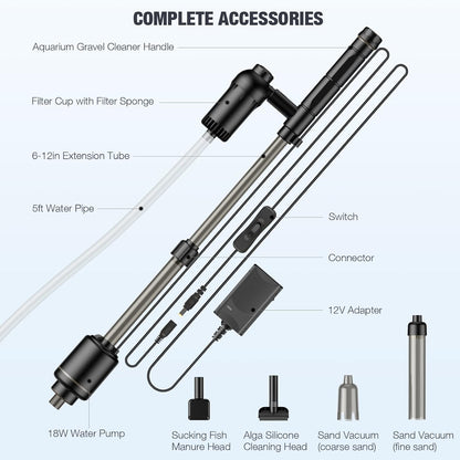 AKKEE Aquarium Vacuum Gravel Cleaner, 18W Electric Fish Tank Cleaner Vacuum, 6 in 1 Multifunctional Aquarium Cleaner for Automatic Water Change, Wash Sand, Water Circulation and Timed Off
