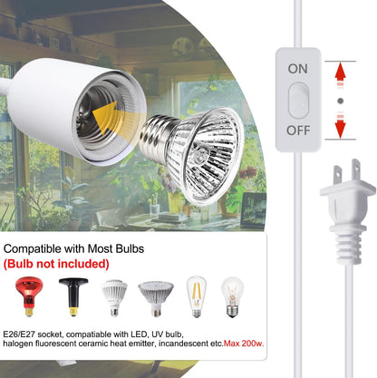 Aluminum Gooseneck Clamp on Desk Light Socket, Clip Lamp Holder E26 Desk Light Lamp with 240cm Cable, Turtle Tank Lights Heat for Reptiles, for Home Office Makeup(No Bulb)