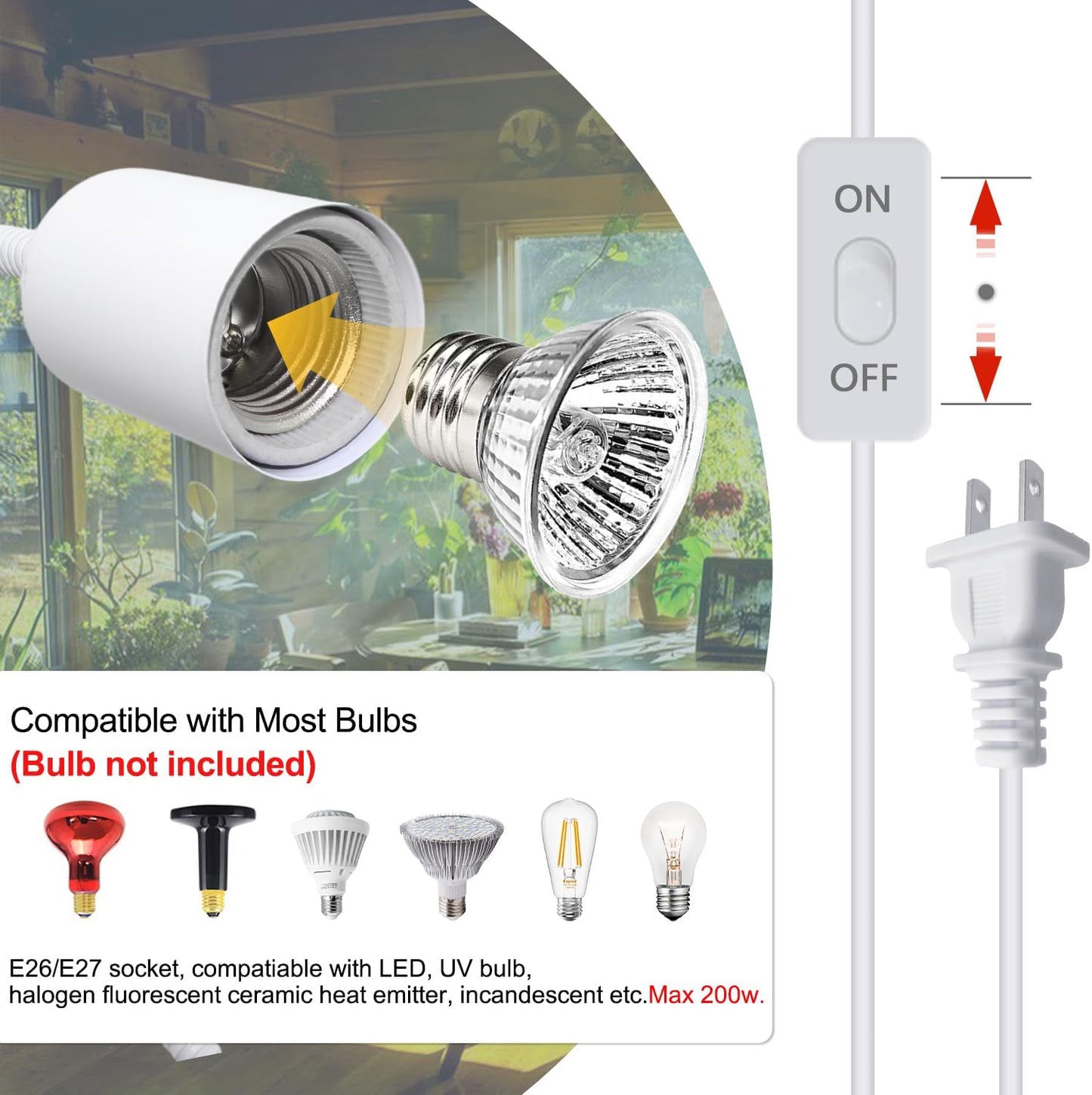 Aluminum Gooseneck Clamp on Desk Light Socket, Clip Lamp Holder E26 Desk Light Lamp with 240cm Cable, Turtle Tank Lights Heat for Reptiles, for Home Office Makeup(No Bulb)