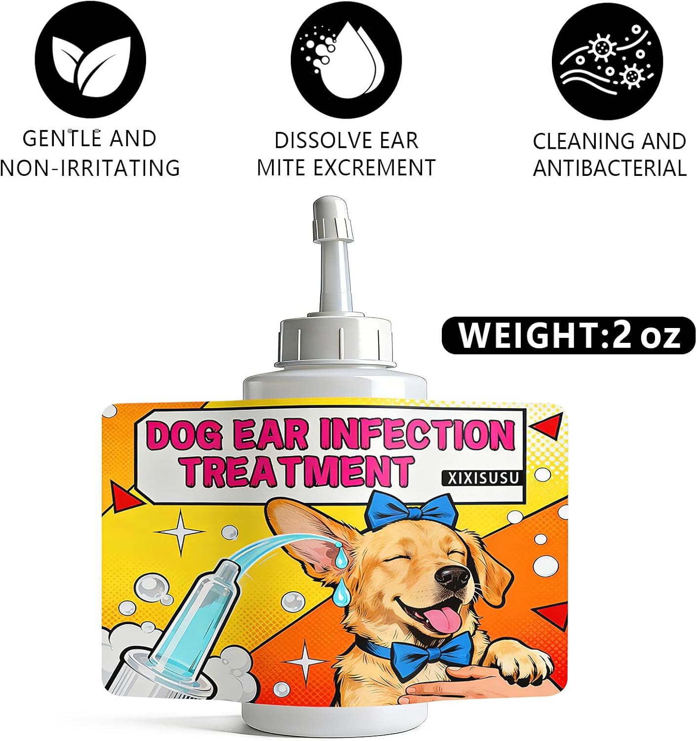Dog Ear Infection Treatment, Dog Ear Cleaner, Ear Infection Treatment for Dogs & Cat, Gentle Cleaning Solution for Smelly Ears, Excess Wax & Mite Care - Itchy Ear Relief (2 fl oz)