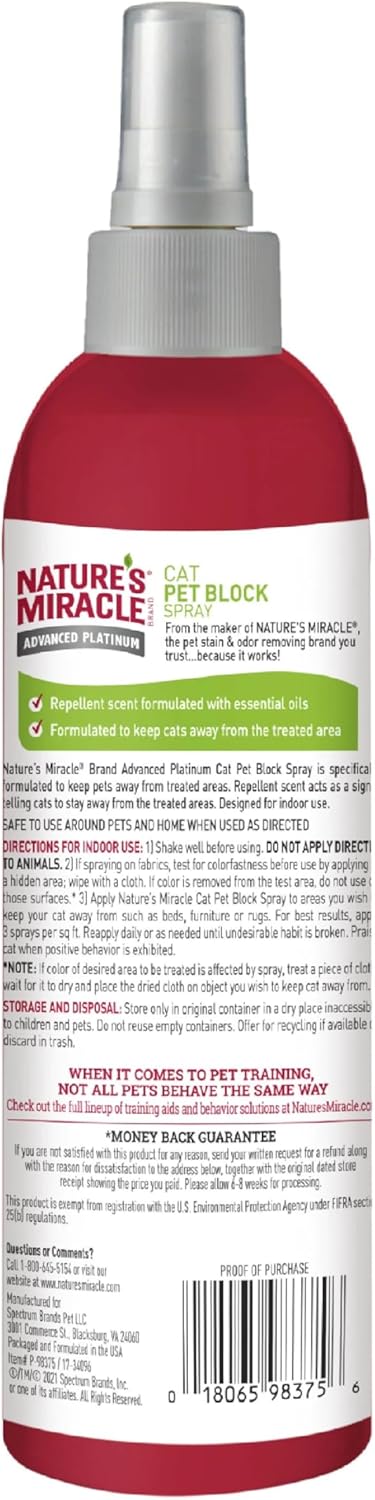 Nature's Miracle Advanced Platinum Cat Pet Block Repellent Spray, 8 Ounces, Indoor Training Aid for Cats