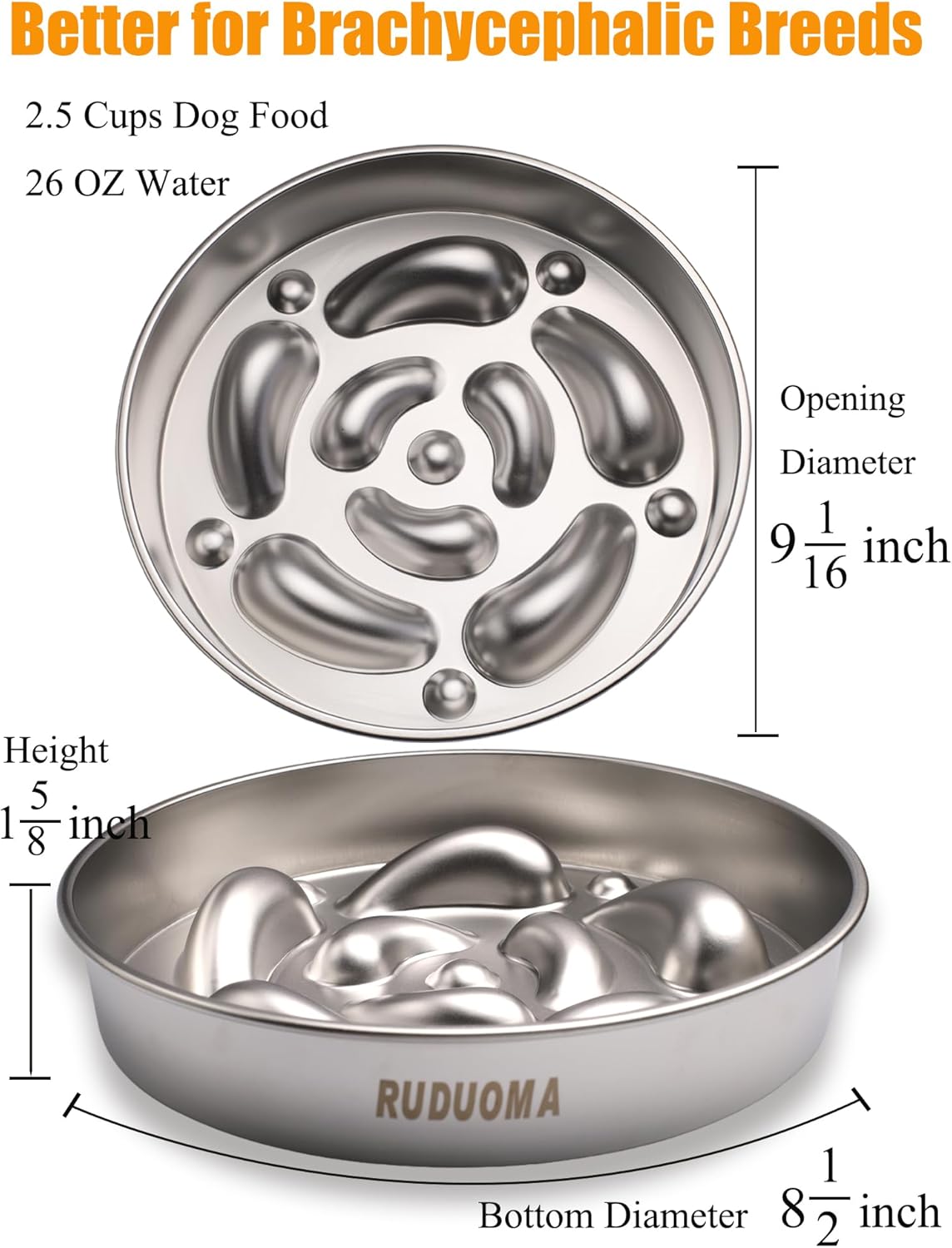 Stainless Steel Dog Bowls for Brachycephalic Breeds,Gentle Slow Feeding Design,Moderately Slow Down Eating Pace,Non-Slip,2.5 Cups Capacity Metal Bowl for Medium Dogs