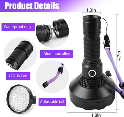 Rechargeable UV Flashlight,128 Led 395nm Black Light, Pet Urine & Stain Detector for Dog/Cat, Bed Bugs, Curing Resin, Durable and Long Lasting