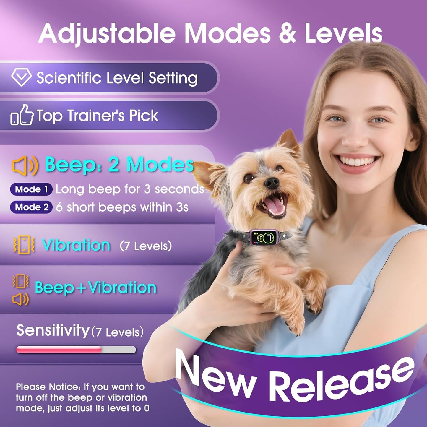 Smart Dog Bark Collar, Automatic Stop Bark Collar for Large, Medium, Small Dogs, Safe & Humane Barking Collar with Beep, Vibration & 7 Adjustable Sensitivity, Anti Barking Device IP67 Waterproof