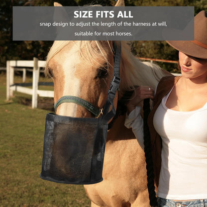 2 Pcs Horse Feed Bag Comfort Breathable Mesh Feed Bucket Heavy Duty Feed Bag with Adjustable Strap and Waterproof Bottom for Horse Feeding Supplies Muzzle Feed Bag, Medium (Black)
