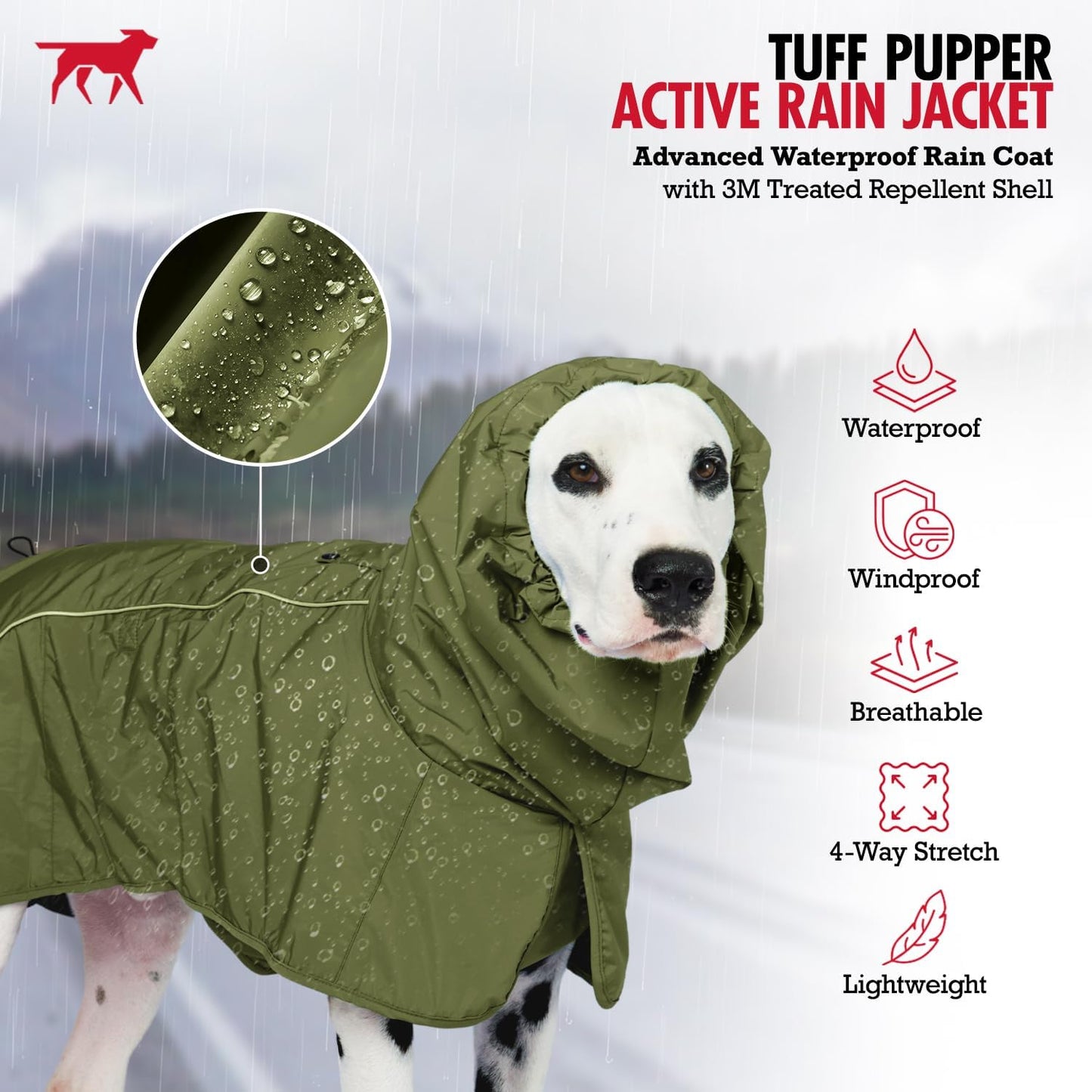 Tuff Pupper Waterproof Dog Raincoat | Full-Body Windproof Rain Jacket for Dogs | Reflective Strips | Breathable Mesh Lining | Adjustable Fit | Leash Port | Small Medium Large XL XXL Dogs (Olive, XL)
