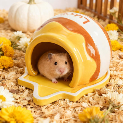 Ceramic Hamster Hideout, Small Pet Hideaway House, Guinea Pig Habitat Decor, Cute Syrian Hut, Chinchilla Cage Accessories for Dwarf Hamsters, Mice, Rats, Toads, Gerbils (Honey Shape)