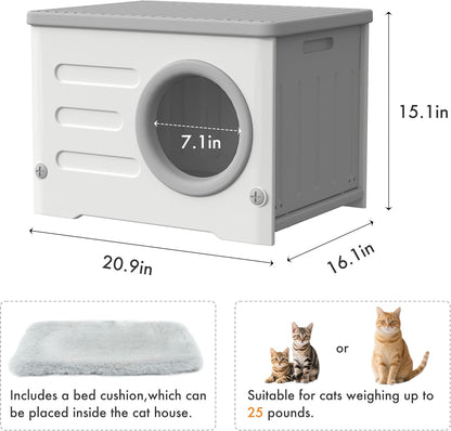 Cat Houses for Outdoor Cats-Weatherproof Heavy-Duty&Sturdy Feral Cat Shelter, Insulated Elevated Stackable Plastic Cave for Outdoor/Indoor Use with Cushion (Grey)