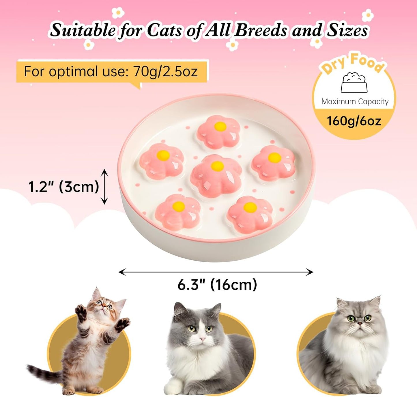 Ceramic Cat Slow Feeder Bowl - 6 OZ Puzzle Food Dish for Healthy Eating - Shallow Wide Whisker Friendly - Dishwasher Safe - 6.3 x 1.2 Inch - Blush Pink Flower