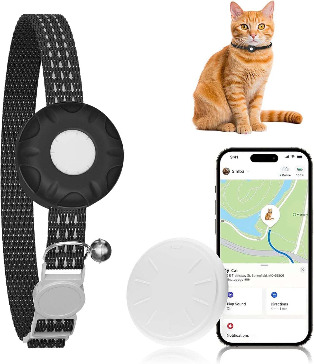 GPS Tracker for Cats, Cat Tracker Compatible with Apple Find My App (Only iOS), No Monthly Fee, Waterproof (White Tracker, Black Cat Collar)