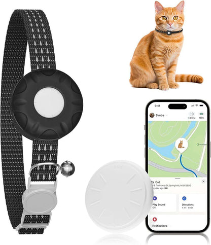 GPS Tracker for Cats, Cat Tracker Compatible with Apple Find My App (Only iOS), No Monthly Fee, Waterproof (White Tracker, Black Cat Collar)