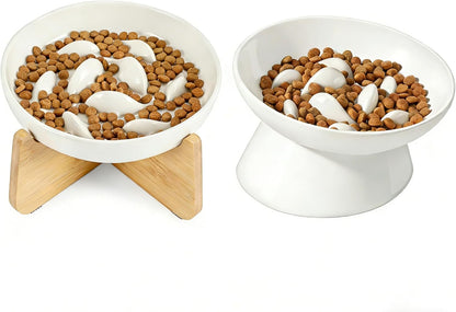 PETTOM Slow Feeder Cat Bowl with Stand, Ceramic Raised Cat Slow Feeder Bowl Anti Vomiting for Dry and Wet Food
