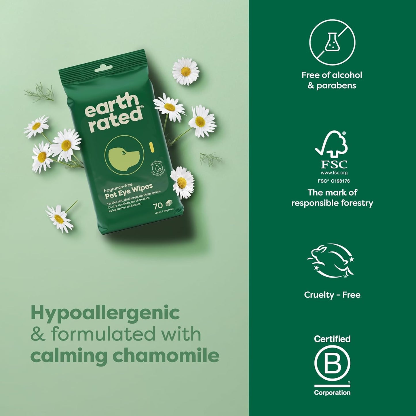 Earth Rated Vet-Developed Pet Eye Wipes, Hypoallergenic Cleaner for Dogs & Cats Eyes to Remove Dirt & Discharge, Fragrance Free, 70 Count