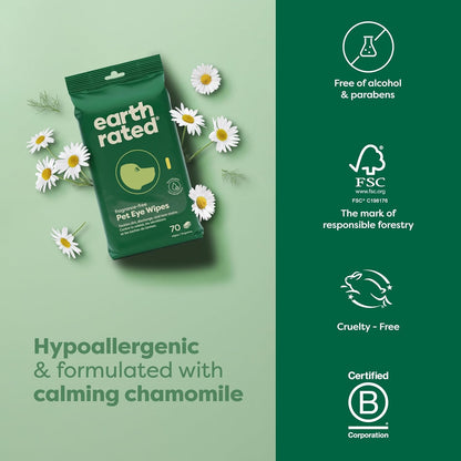 Earth Rated Vet-Developed Pet Eye Wipes, Hypoallergenic Cleaner for Dogs & Cats Eyes to Remove Dirt & Discharge, Fragrance Free, 70 Count