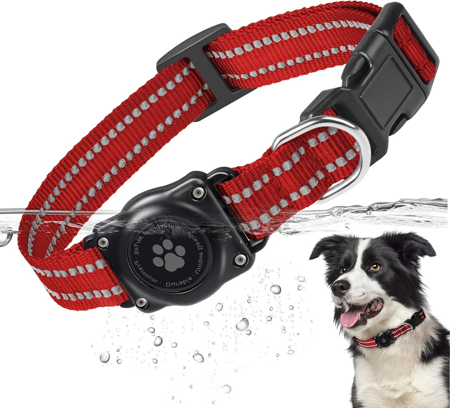 Airtag Dog Collar, 100% Waterproof Integrated Apple Air Tag Dog Collars, Reflective GPS Dog Collar with Hard PC AirTag Holder Case for Small Medium Large Dog (Red)