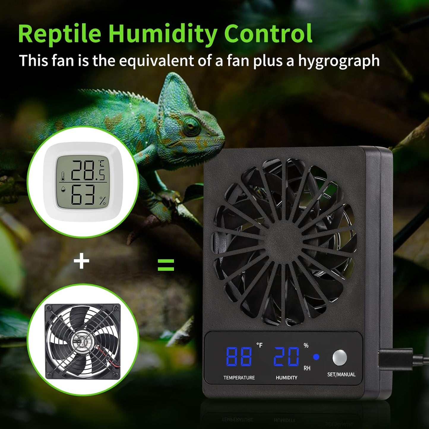 Reptile Tank Fan with Thermometer & Hygrometer | LED Display, Auto Ventilation for Enclosures & Terrariums