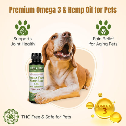 Lifeline Premium Omega 3 Fish & Hemp Oil for Dogs & Cats | Wild Caught | Skin, Coat & Joint Support | Pet Calming Supplement with Astaxanthin | Supports Pain Relief – 8.5 oz