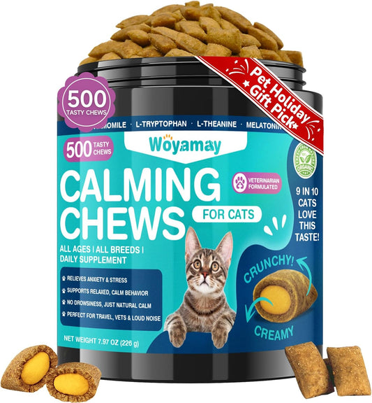 Cat Calming Treats, 500 Crunchy & Creamy Calming Chews for Cats, Natural Calming Cat Treats to Manage Stress & Anxiety, Tasty Calm Chews Supplement, Chicken Flavor