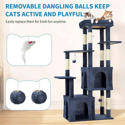 GarveeLife 61" Multi-Level Cat Tree for Indoor Cats, Heavy-Duty Tower for Large Adult & Maine Coon Cats with Oversized Perch, Dual Condos, Natural Sisal Scratching Posts & Play Toys – Blue