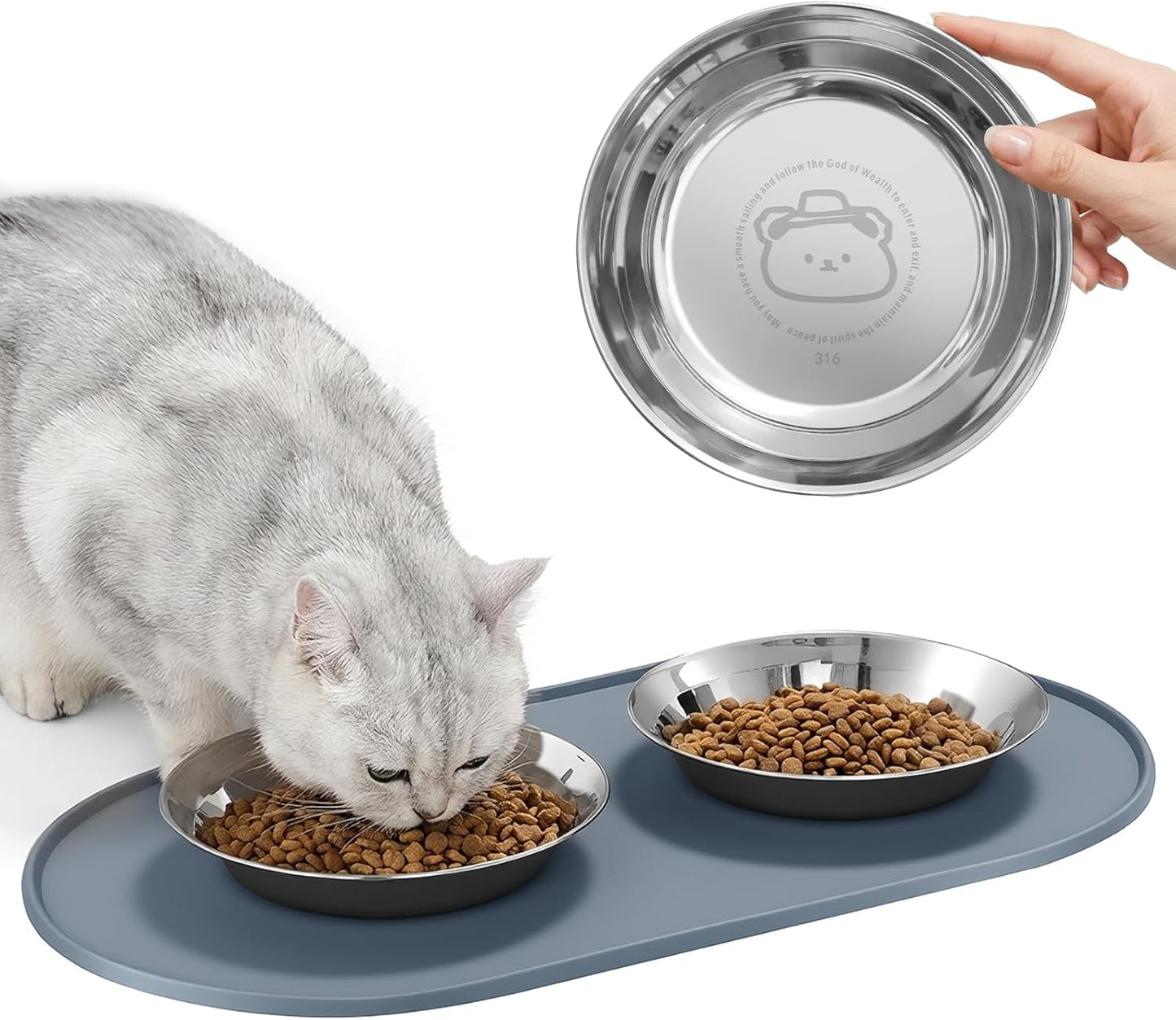 3-Pack Cat Bowls with Food Mat,6.3 Inches Stainless Steel Cat Food Bowl,Wide Tapered Design Whisker-Friendly Food and Water Bowl for Feeding Dogs and Cats,Dishwasher Safe,SUS 316