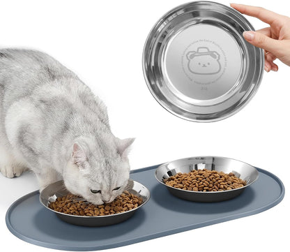 3-Pack Cat Bowls with Food Mat,6.3 Inches Stainless Steel Cat Food Bowl,Wide Tapered Design Whisker-Friendly Food and Water Bowl for Feeding Dogs and Cats,Dishwasher Safe,SUS 316