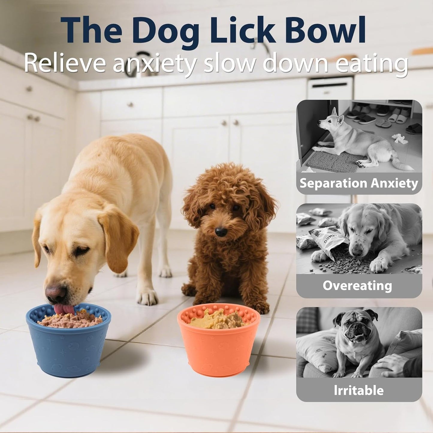 Dog Slow Feeder Lick Bowl - Non-Slip Licking Treat Dispenser for Small Medium Large Dogs, Promotes Anxiety Relief & Prevents Choking, Easy to Clean Feeding Bowl (Dark Blue, L)