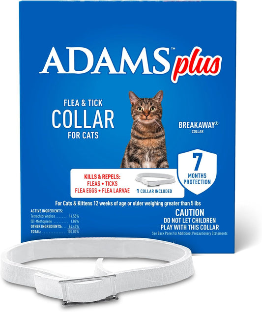 ADAMS Plus Flea & Tick Collar for Cats, Breakaway Collar, 1 White Collar, 7-Month Protection, Kills & Repels Fleas, Flea Eggs, Flea Larvae and Kills Ticks, Tick Nymphs, and Tick Larvae