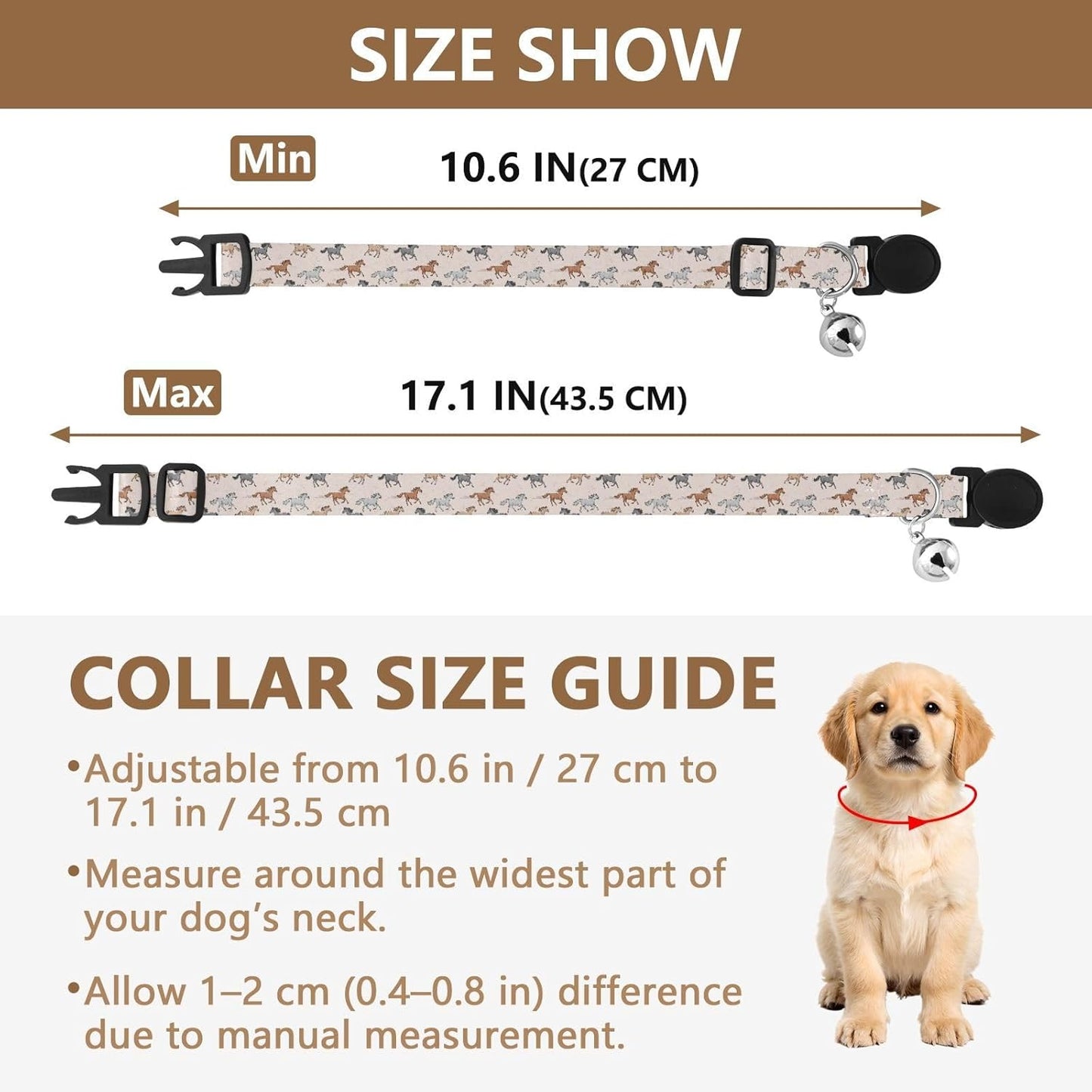 Horses Animals Beige Pattern Dog Collar with Buckle Adjustable 2 Pack Pet Puppy Collar for Small Dogs Cats