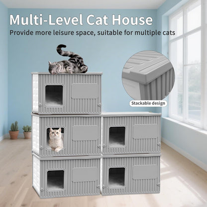 Plastic Cat House Outdoor & Indoor, Feral Cat Houses with Mat, Waterproof Outdoor Cat House for Feral Cats, Outside Cat Shelter for Small Pet, Assemble and Clean Easily