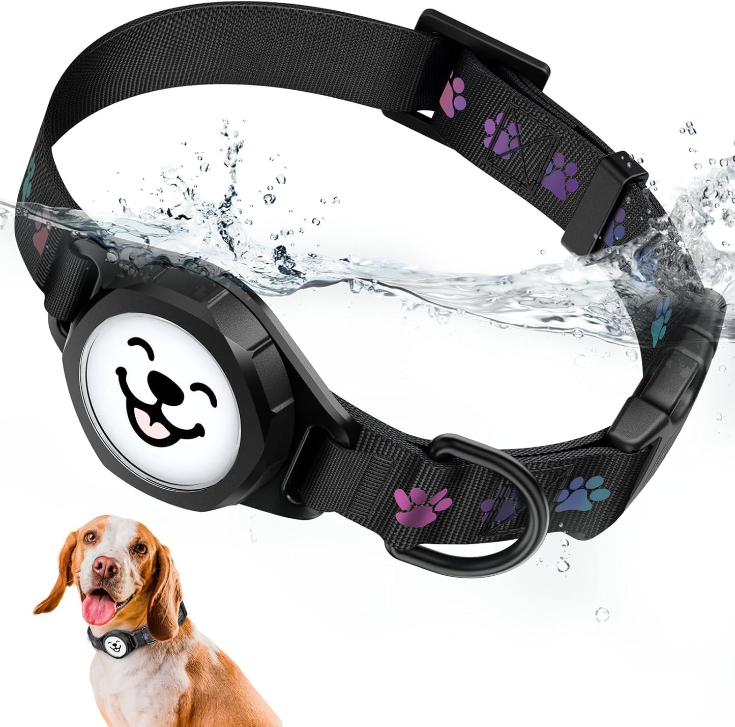 Dog Collar with Airtag Holder, IP67 Waterproof Reflective AirTag Dog Collars for Medium & Large Dogs, Adjustable Pet Collar with Twist-Lock Holder & Green Glow for Night (M, 11.8"-15.9", Black)