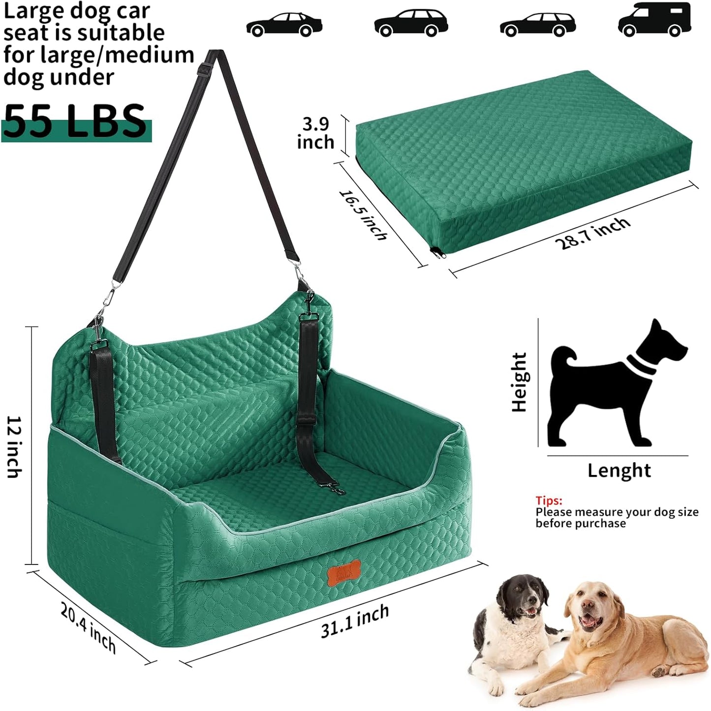 Dog Car Seat for Large/Medium Dogs - Memory Foam Dog Booster Seat for Under 55Lbs or 2 Small Dogs-Detachable and Washable Travel Bed with Thick Cushion and Storage Pockets-Green