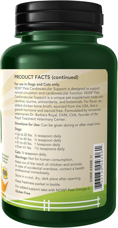 NOW Pet Health, Cardiovascular Support Supplement, Formulated for Cats & Dogs, NASC Certified, Powder, 4.5-Ounce