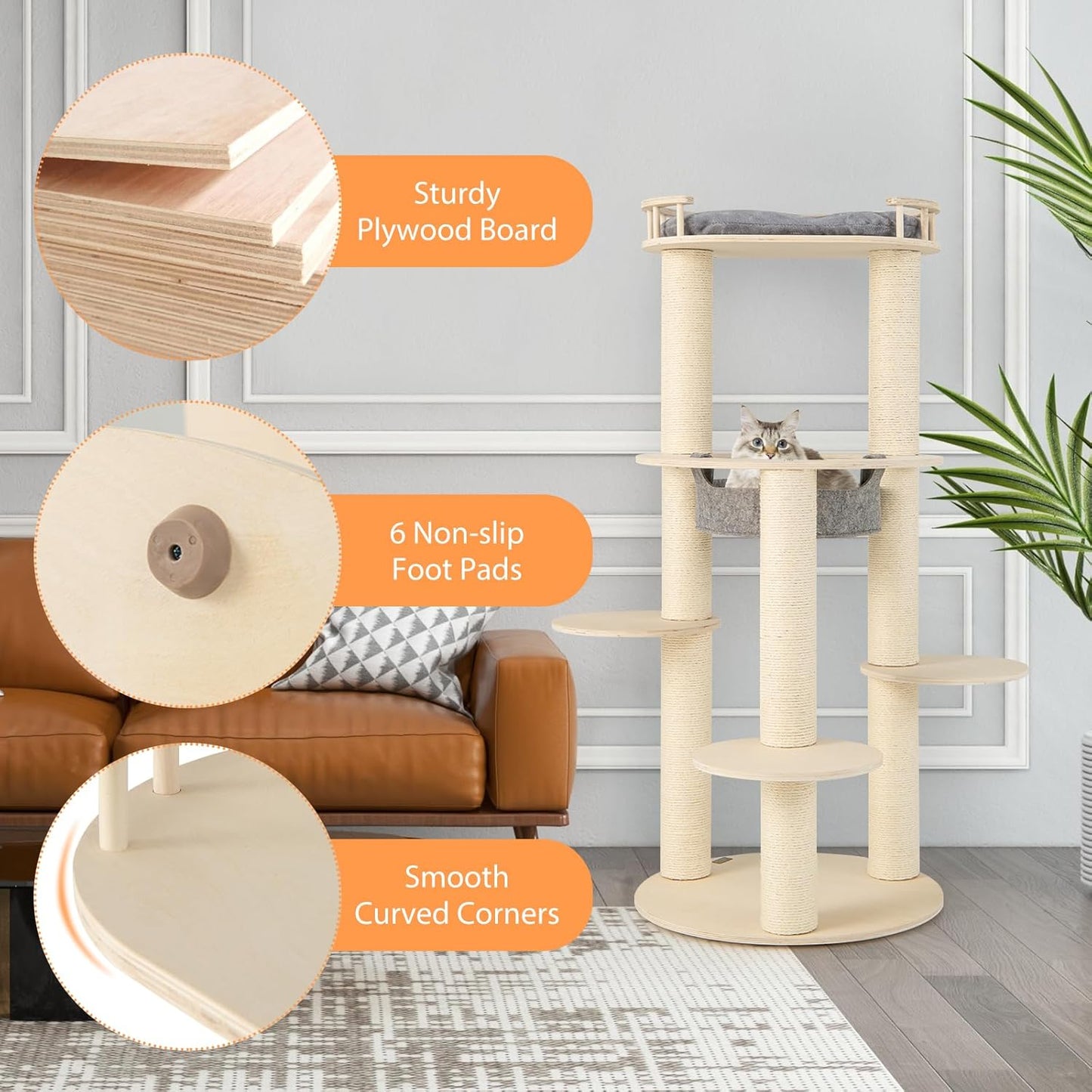 PETSITE 59 Inches Modern Cat Tree, Multi-Level Wood Cat Tower with Sisal Scratching Posts, Cozy Hammock, Comfy Top Perch, and 3 Jumping Platforms, Ideal for Indoor Cats Kittens