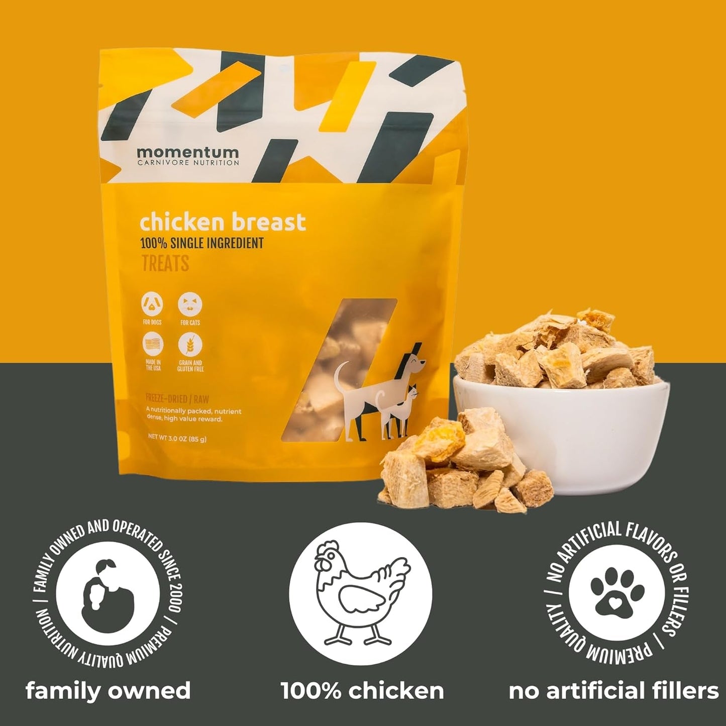Momentum Carnivore Nutrition Freeze-Dried Chicken Breast Dog Treats & Cat Treats – Single-Ingredient, High-Protein, Grain-Free, Lean & Easily Digestible – Made in USA – 3 oz Bag